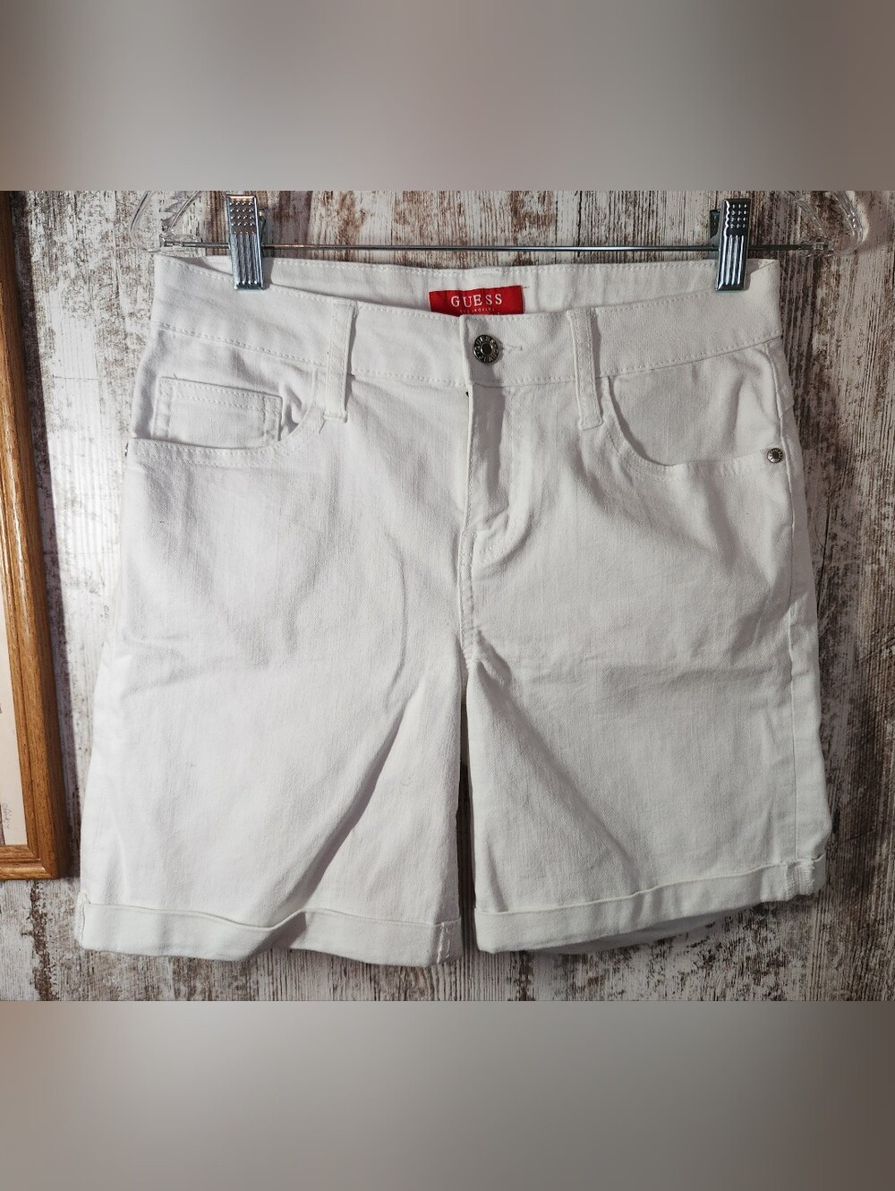 Guess Optic White Classic Denim Cuffed Shorts Size 28 5-Pocket Style Like New